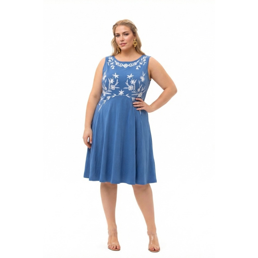 eShakti Blue Embroidered Sleeveless A-Line Knit Dress 16W Floral Boho Excellent